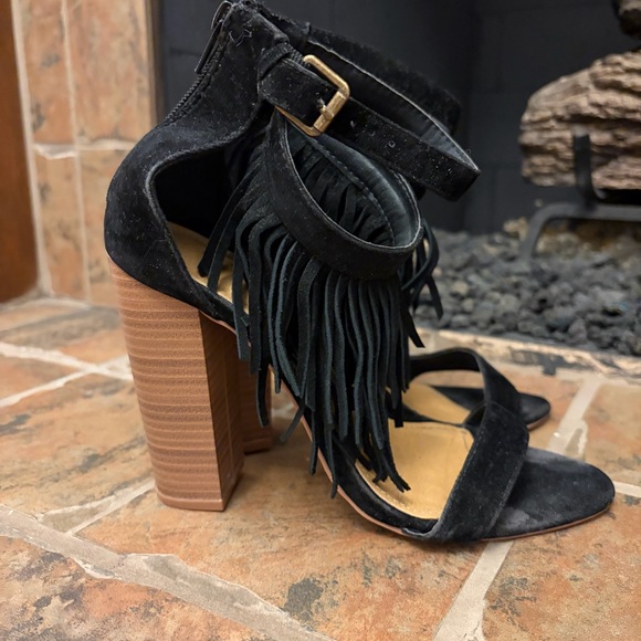 Liliana Shoes - Fringed Suede Block Heels